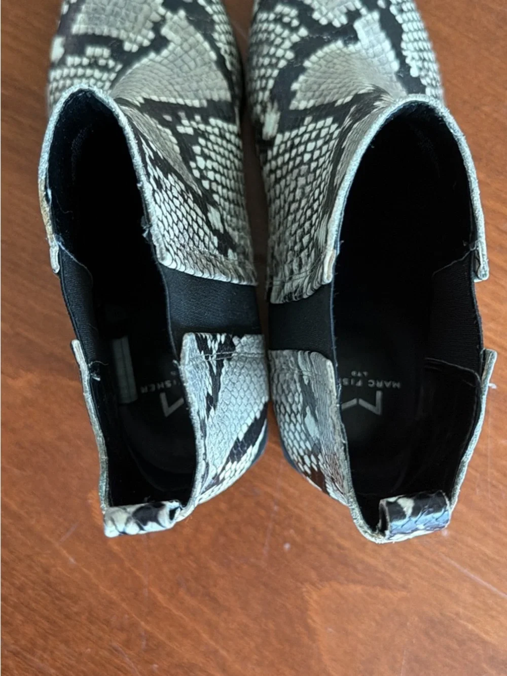 Marc Fisher Black and Cream Snake-Print Chelsea Boots